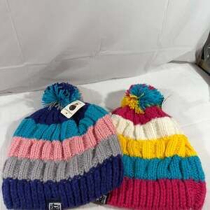 Set of 2 Multi-Colored Knit Pom Beany Hats - Warm Striped Winter Headwear